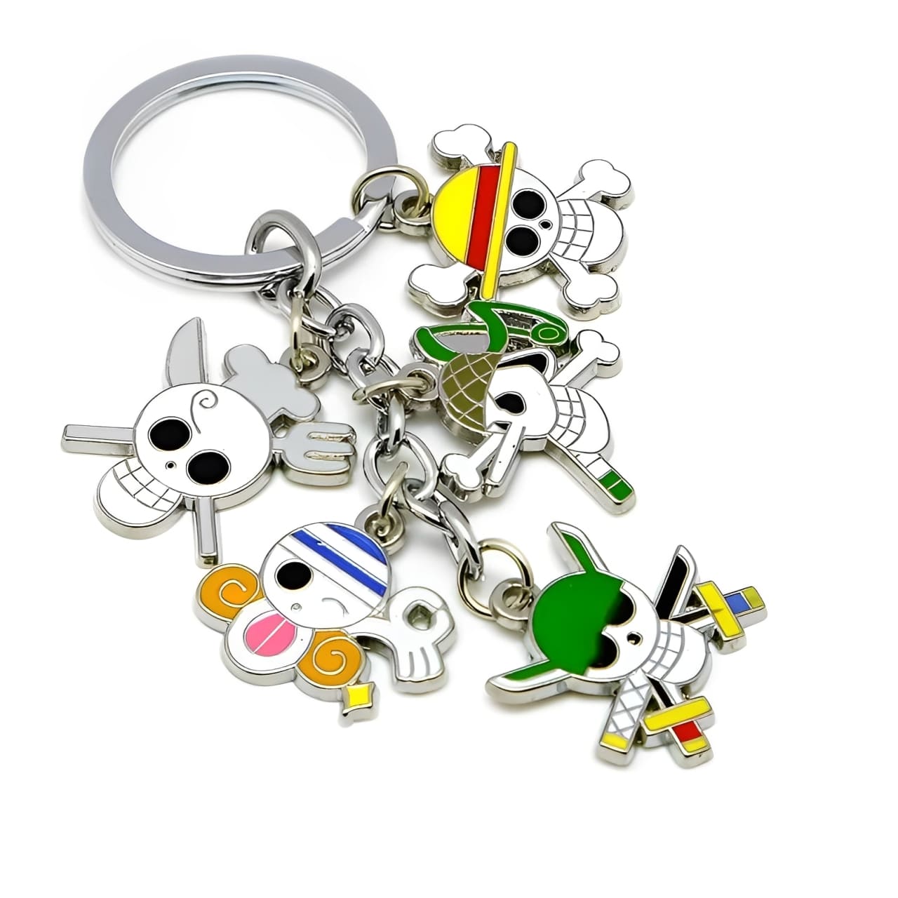 Porte-clés One Piece Five Jolly Roger avec les symboles de Luffy, Zoro, Sanji, Nami et Usopp