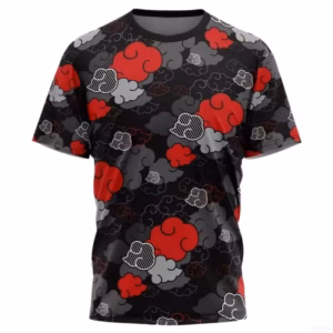 T-shirt Akatsuki noir et rouge multi nuage inspiré de l'univers Naruto