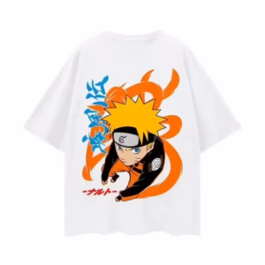 T-shirt blanc Naruto avec écriture japonaise style streetwear