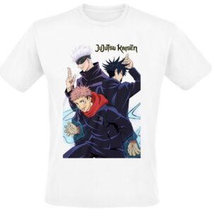 T-shirt blanc Jujutsu Kaisen motif Trio avec Yuji, Megumi et Nobara