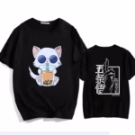 T-shirt noir Jujutsu Kaisen chat qui boit un cocktail à la paille