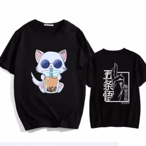 T-shirt noir Jujutsu Kaisen chat qui boit un cocktail à la paille