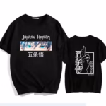T-shirt noir Jujutsu Kaisen avec inscription sur le devant inspiré de Satoru Gojo