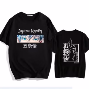 T-shirt noir Jujutsu Kaisen avec inscription sur le devant inspiré de Satoru Gojo