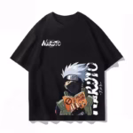 T-shirt noir Kakashi Hatake inspiré de son livre fétiche, style streetwear Naruto