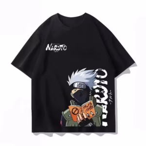 T-shirt noir Kakashi Hatake inspiré de son livre fétiche, style streetwear Naruto
